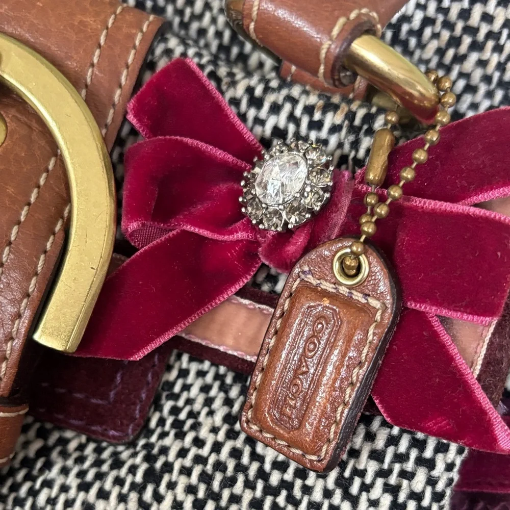 Coach Black-and-White Tweed Satchel with Brown Leather and Burgundy Accents - Picture 2 of 4